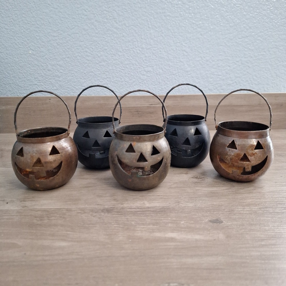 5 VTG Halloween HOSLEY USA Metal Jack-O-Lantern Pumpkin Tealight Candle Holders